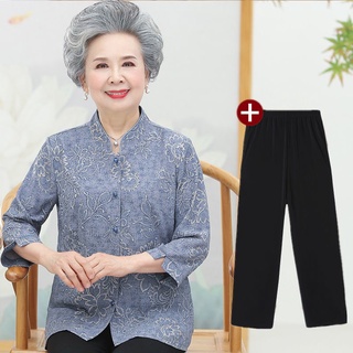 Áo Bà ba mẹ quần áo trung niên và người già nữ bộ đồ áo sơ mi xuân thu 60-80 tuổi mùa hè