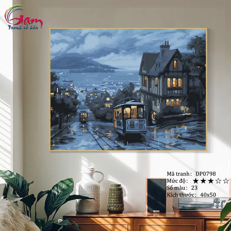 Tranh sơn dầu số hoá Gam phong cảnh xe điện chiều tối căng khung 40x50cm DP0798