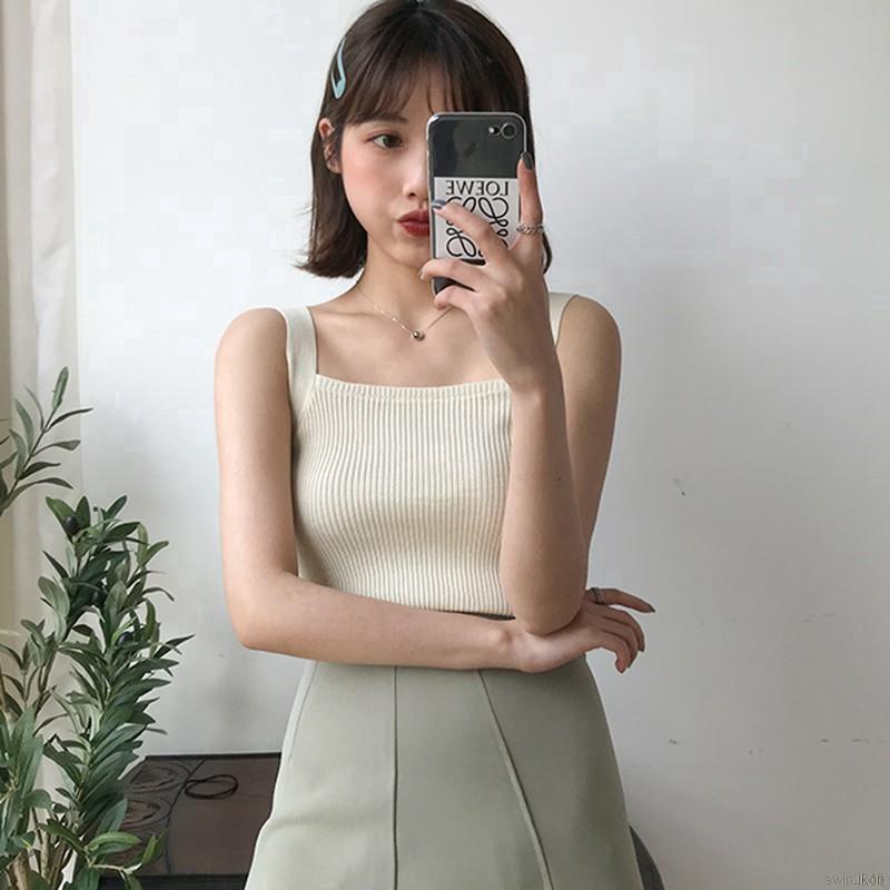 Áo Croptop Dệt Kim Nữ Sát Nách Cổ Vuông Màu Trơn Gợi Cảm
