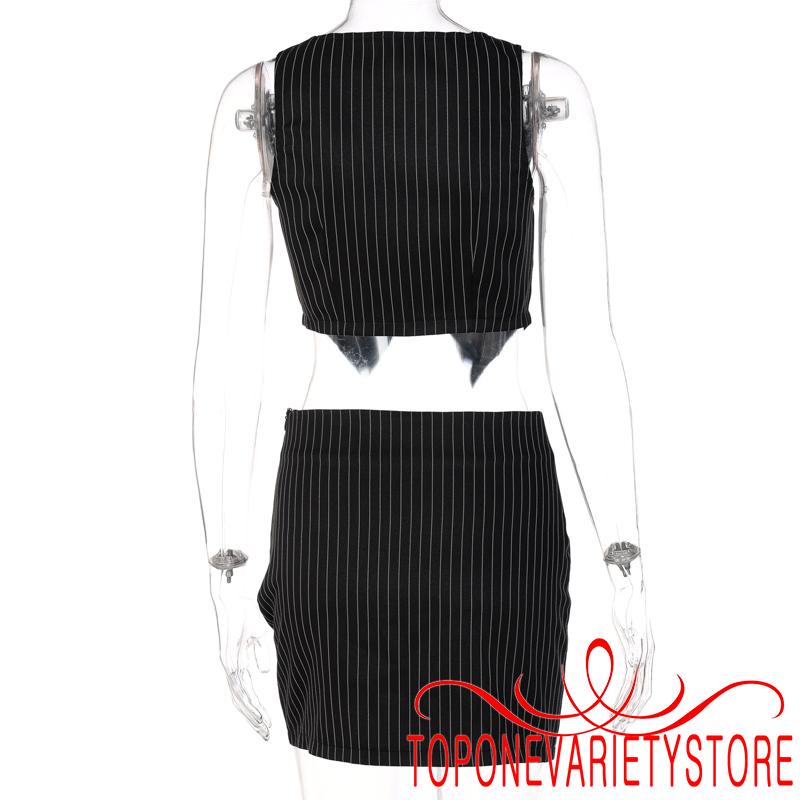 Set áo tank top cổ chữ V + chân váy chữ A màu đen kẻ sọc thời trang cho nữ