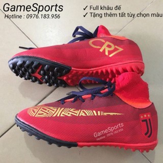 Giầy bóng đá cổ cao CR7 đỏ ( giầy đá bóng cổ chun đế TF , giầy đá bóng)
