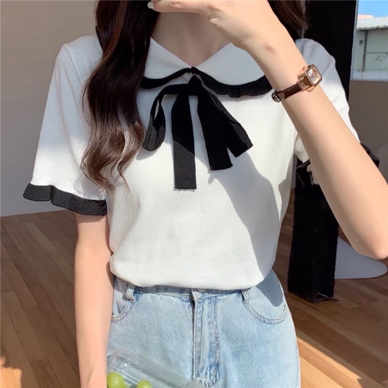 áo len dệt kim cổ lá sen mix nơ (5108#)