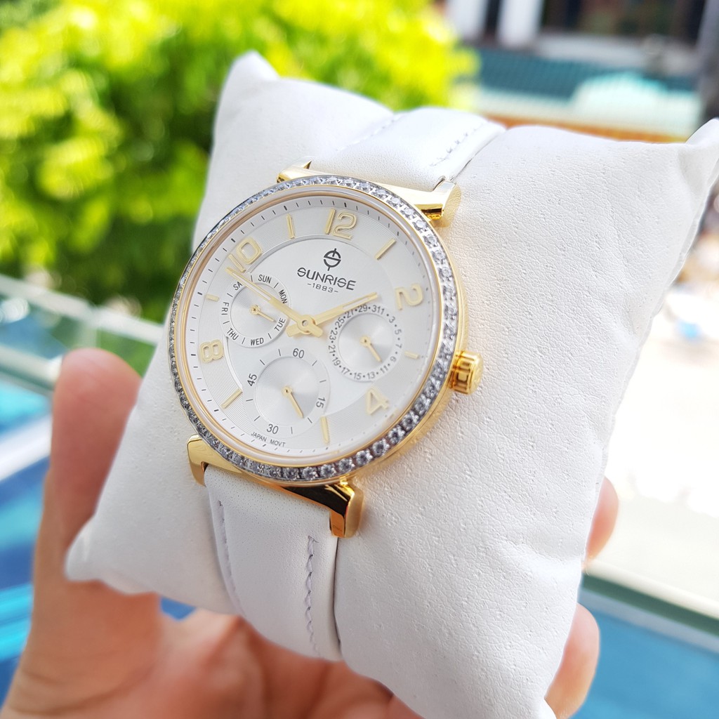 Đồng hồ nữ SUNRISE 9806BA Vành hạt  Dây da full hộp chính hãng, kính Sapphire chống xước chống nước tốt