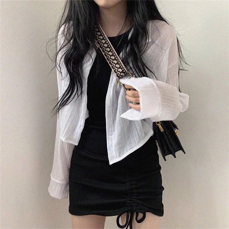 [ORDER] Set áo khoác trắng thời trang + Váy body đen cổ yếm rút dây sexy phong cách retro Hàn Quốc (ảnh thật)