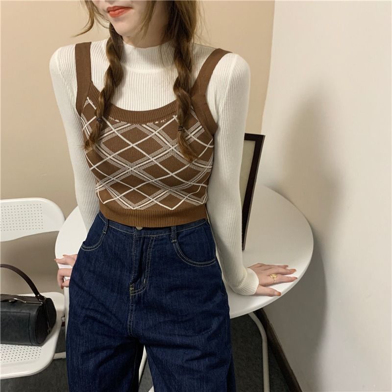 Mới Áo hai dây dệt kim dáng ôm kẻ sọc caro đính đá dễ phối đồ | BigBuy360 - bigbuy360.vn