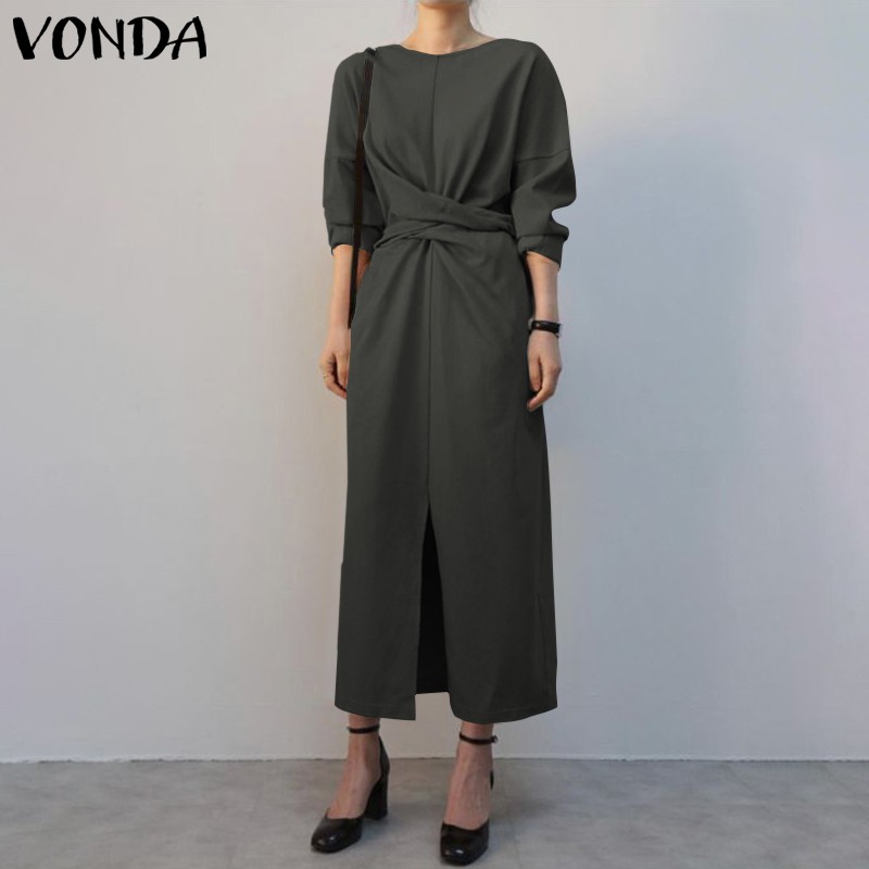 VONDA Women Long Sleeve Front Slit Belted Elegant Casual Long Dress | BigBuy360 - bigbuy360.vn