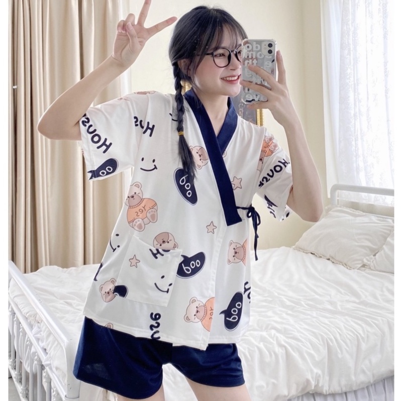 Đồ bộ nữ, bộ đồ ngủ kimono pijama cộc tay mặc nhà chất liệu cotton kiểu Nhật - Poohouse KIMONO-NHIEUMAU