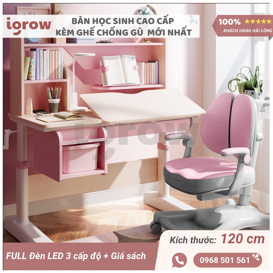 Bàn học sinh thông minh chống gù cận Igrow (Tặng Đèn LED + Giá Sách) SIZE 120, mặt bàn nâng nghiêng 60 độ