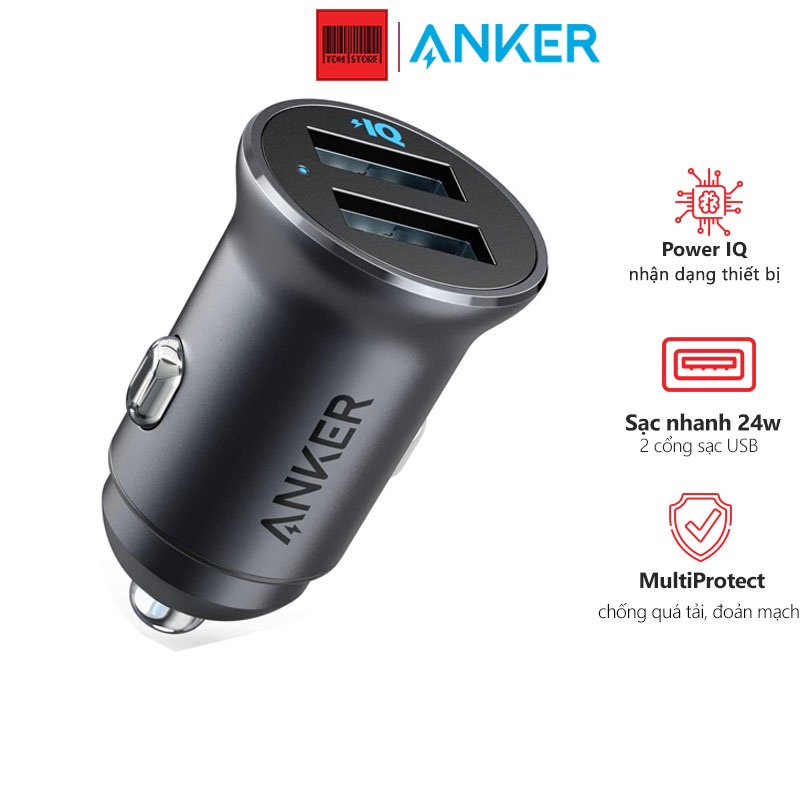 Tẩu sạc ô tô Anker PowerDrive 2 Alloy A2727 2 cổng USB, công suất 24W -Bảo hành 18 tháng