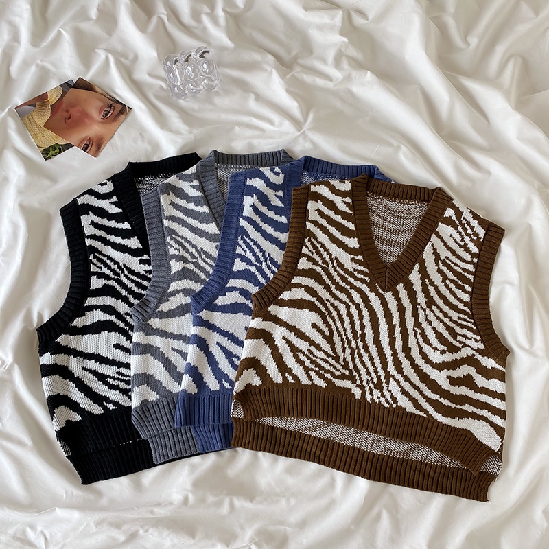 Áo dệt kim sát nách dáng rộng họa tiết ngựa vằn thời trang mùa thu