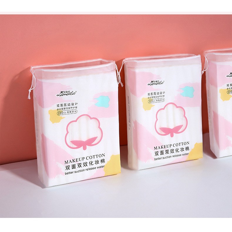 Bông Tẩy Trang Cotton, Bông Trang Điểm 222 Miếng Túi Giây Rút Tiện Dụng Laneila