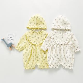 Jumpsuit Cotton In Hoa + Mũ Cho Bé Gái Sơ Sinh