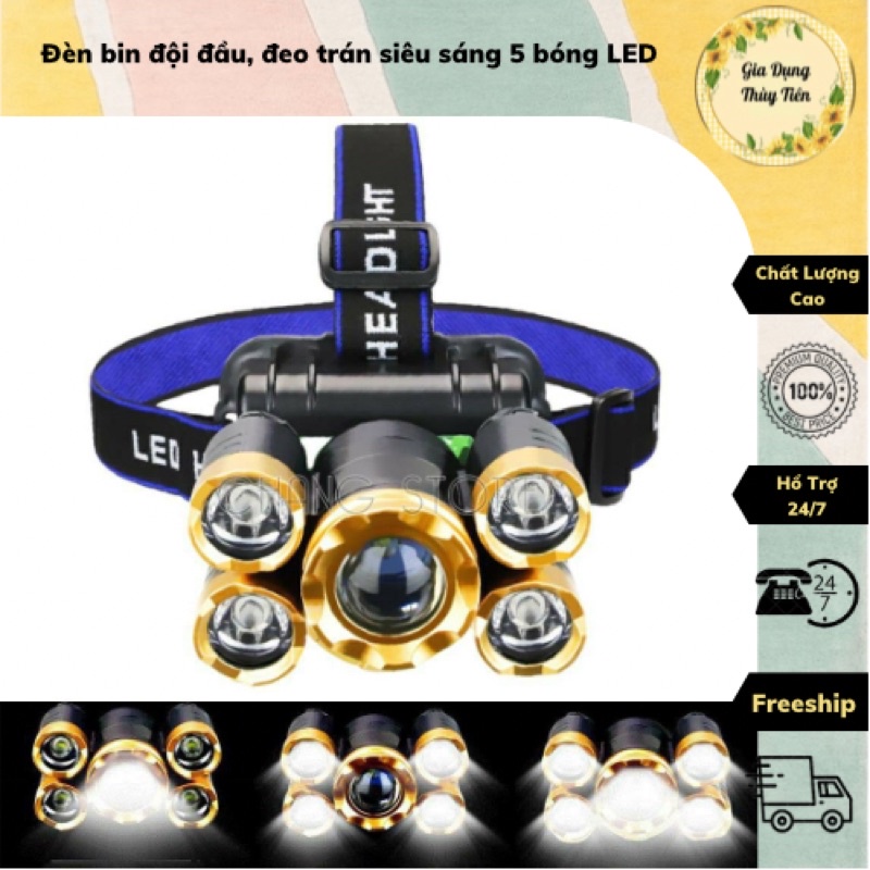 Đèn bin đội đầu đeo trán siêu sáng 5 bóng LED