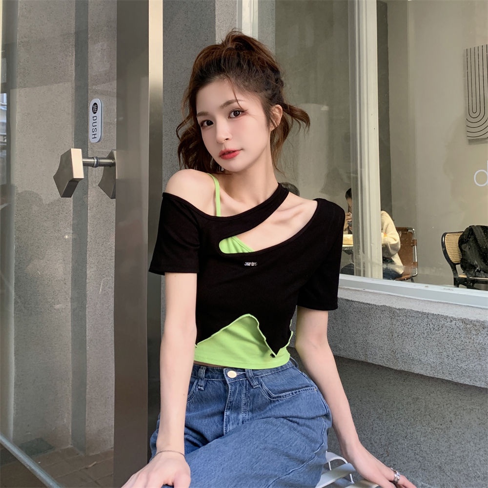 COZOK Set Áo Thun Lệch Vai Màu Sắc Tương Phản Phối Áo Sát Nách Cá Tính