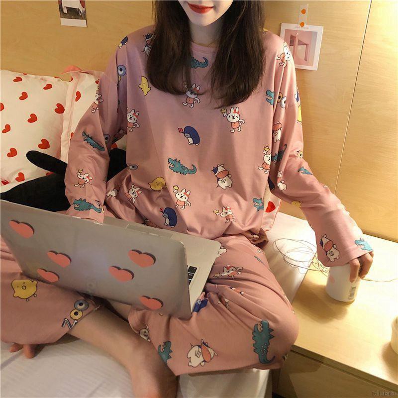Women Lovely Sweet Autumn Cute Cartoon Print Long Sleeved Pajama Set Cotton Sleepwear