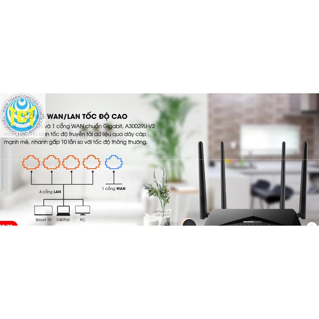 TOTOLINK A3002RU-V2 - Bộ Phát Wi-Fi băng tần kép Gigabit AC1200 ( Đen )