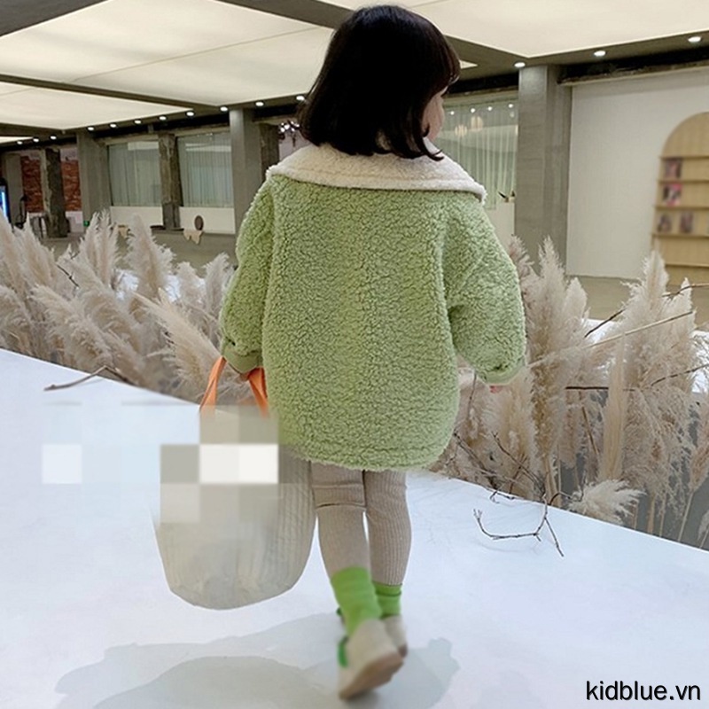 Áo khoác cardigan lông cừu tay dài cổ bẻ màu xanh lục giữ ấm phong cách ngày thường cho bé gái