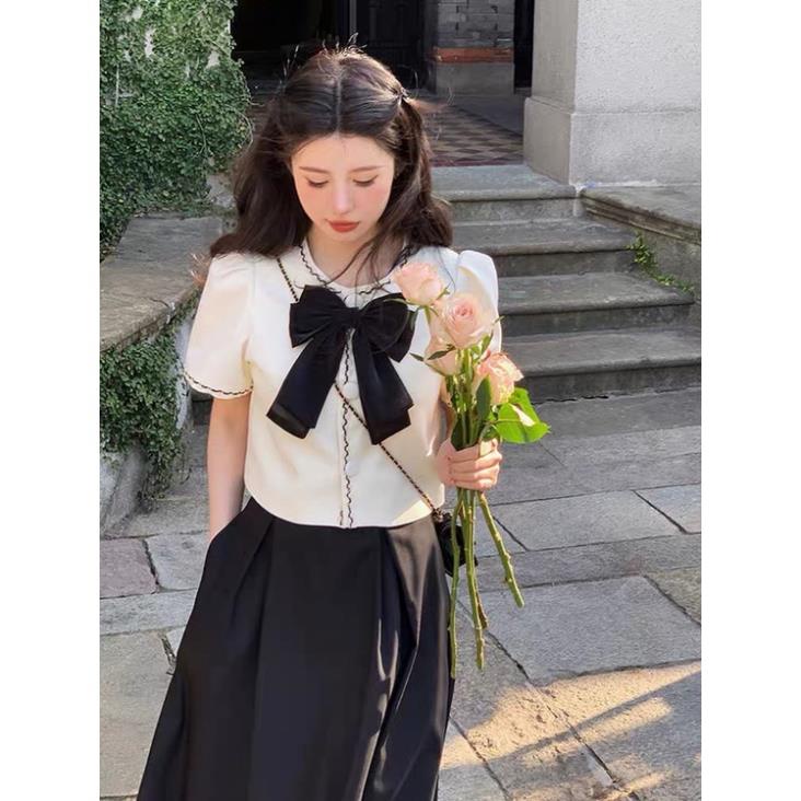 [ 𝐅𝐑𝐄𝐄 𝐒𝐇𝐈𝐏 ]  SÉT SƠ MI NƠ CHÂN VÁY TAY BỒNG VIỀN MÍ TIỂU THƯ