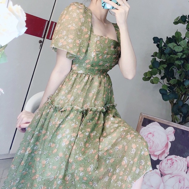 Đầm cổ vuông hoa nhí xếp ly (hình thật+video) | BigBuy360 - bigbuy360.vn