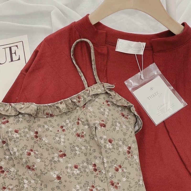 SET ĐẦM 2S HOA NUDE KÈM KHOÁC ĐỎ🖤