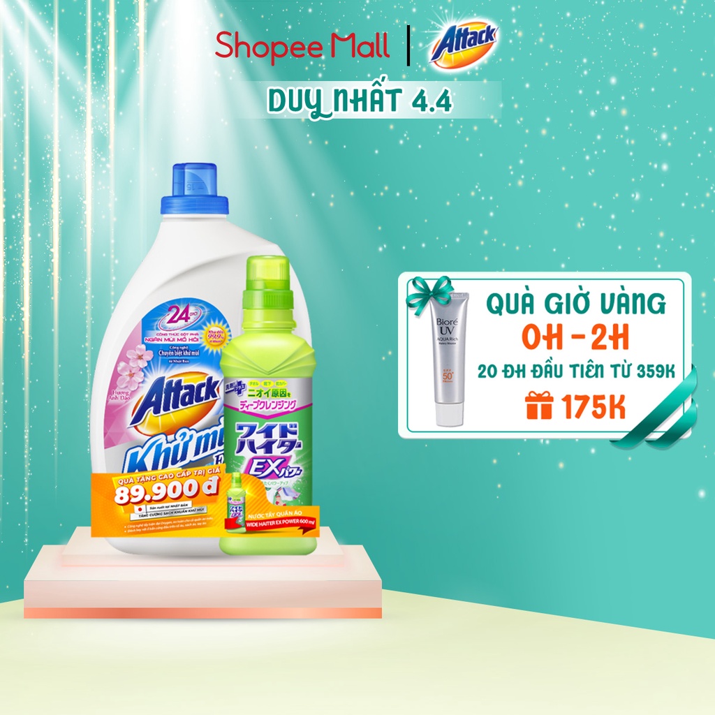 Nước giặt Attack Khử Mùi chai 2.4kg Hương Anh Đào tặng Nước tẩy quần áo Wide Haiter chai 600ml