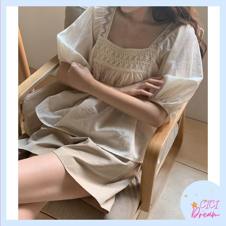 Set bộ áo vest nữ cộc tay, quần đùi chất đũi, Set bộ áo sơ mi cổ vest nữ ngắn tay đũi cúc gỗ phối quần đùi | BigBuy360 - bigbuy360.vn