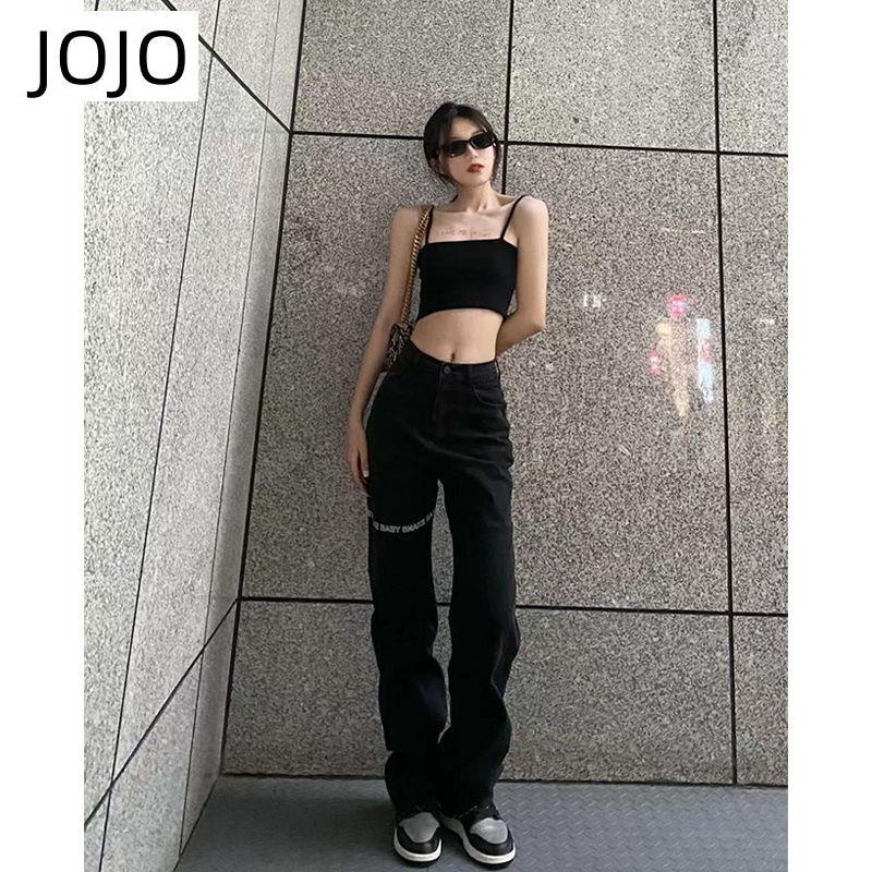 Quần Jean Nữ Lưng Cao In Chữ Màu Đen Cá Tính