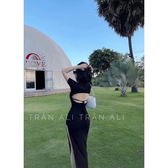 đầm body gân xẻ hở lưng - freesize dưới 53kg tùy chiều cao - hình thật trải sàn gỗ xám Carotshop