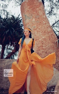 ĐẦM MAXI VÀNG CỘT NƠ NGỰC