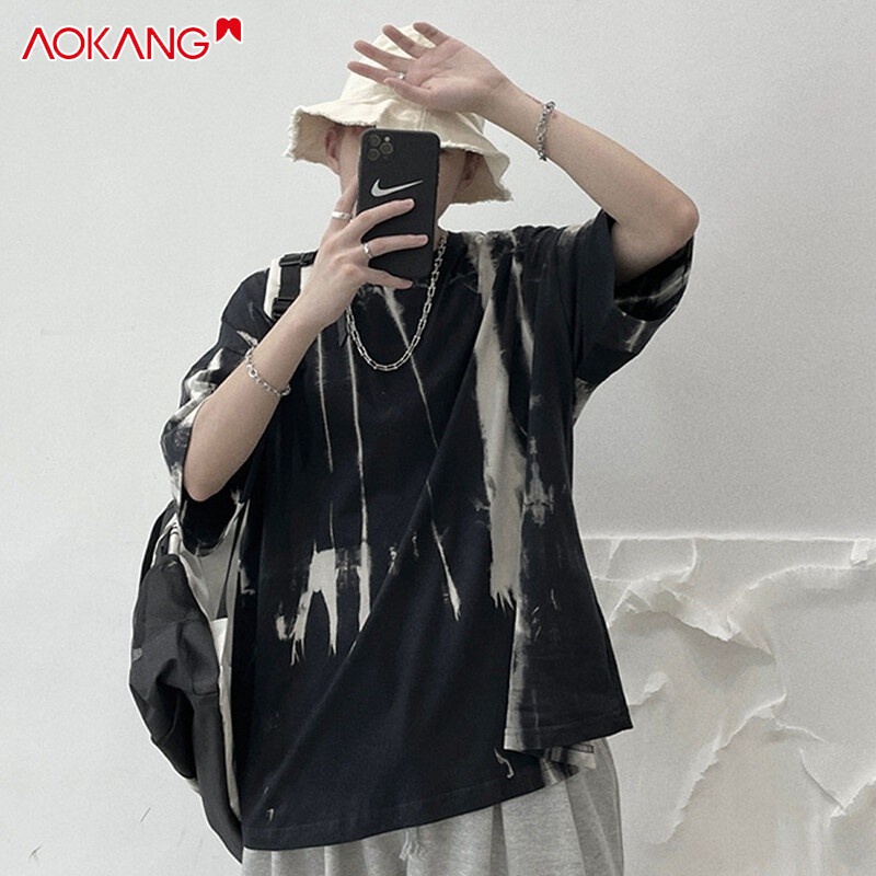 Áo thun AOKANG ngắn tay dáng rộng vừa vặn in họa tiết màu nhuộm phong cách Hàn Quốc dễ phối đồ