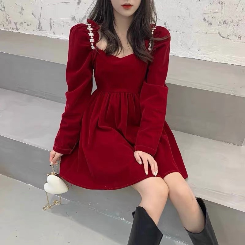 VÁY NHUNG TAY BỒNG cổ vuông đính hoa siêu sang ( CÓ SẴN HÀNG QCCC )