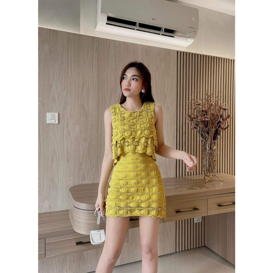 [9.9 Sales Freeship] Set váy ren cộc tay đi biển nhiều màu sắc, set áo xòe cổ tròn croptop chân váy ngắn ôm xinh xắn mtb