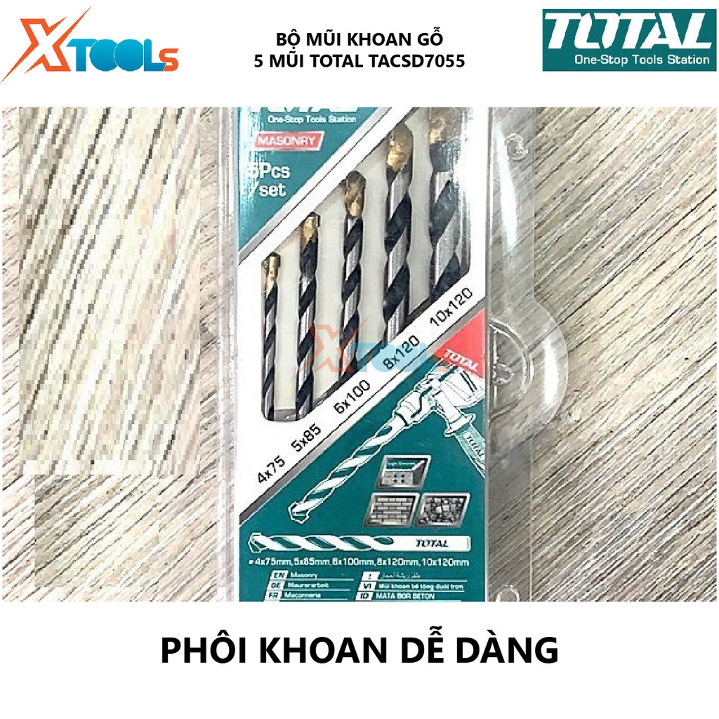 Bộ mũi khoan gỗ 5 chi tiết TOTAL TACSD7055 combo 5 mũi khoan gỗ Size 3X61，4X75，5X86,6X93，8X117,khoan, đục lỗ trên chất l