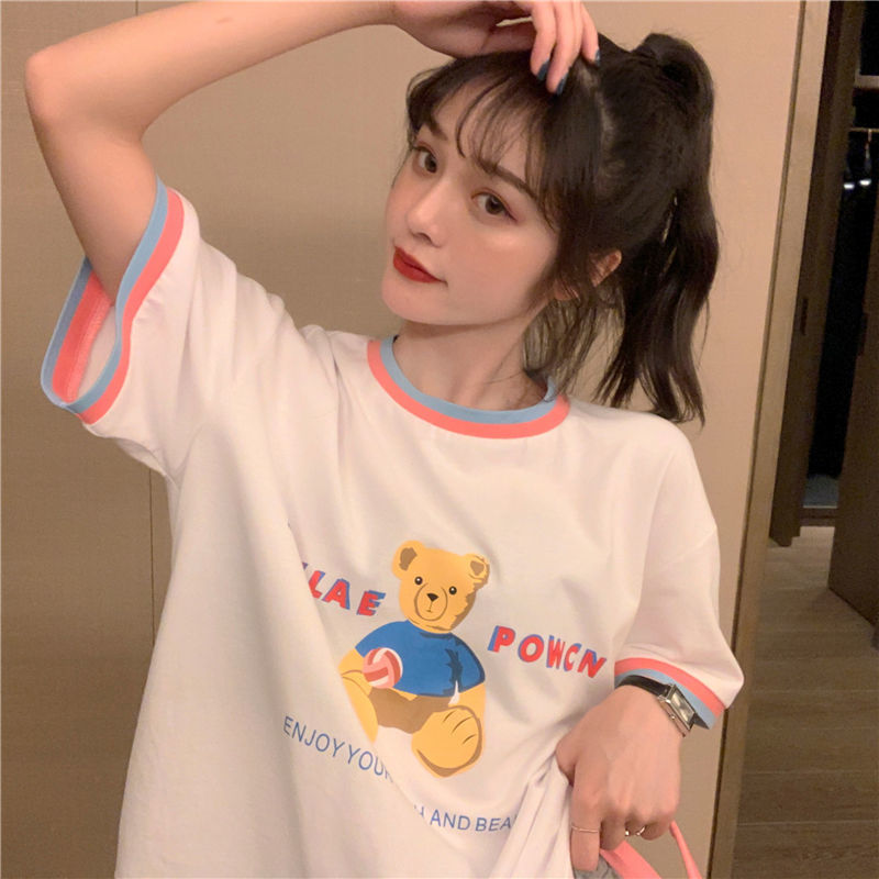 Áo thun ngắn tay dáng rộng in hình gấu kiểu Hồng Kông cá tính cho nữ