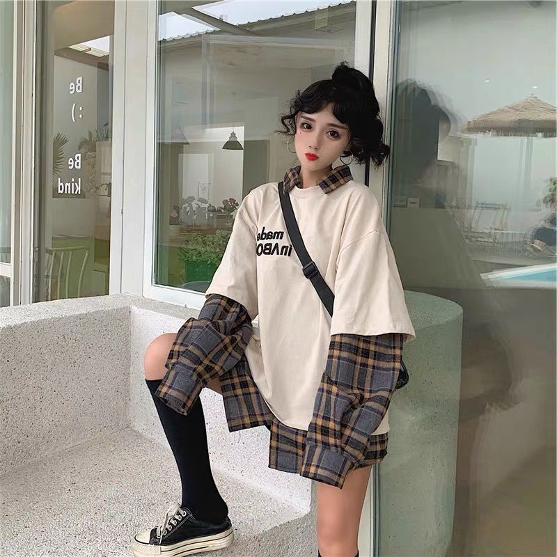 Áo sweater dài tay giả hai lớp họa tiết sọc caro thời trang dành cho nữ