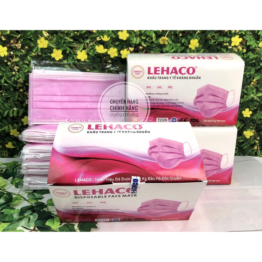 Khẩu Trang Kháng Khuẩn Màu HỒNG Lehaco 4 lớp  50 cái/ hộp - Khẩu Trang y tế Lehaco Kháng Khuẩn