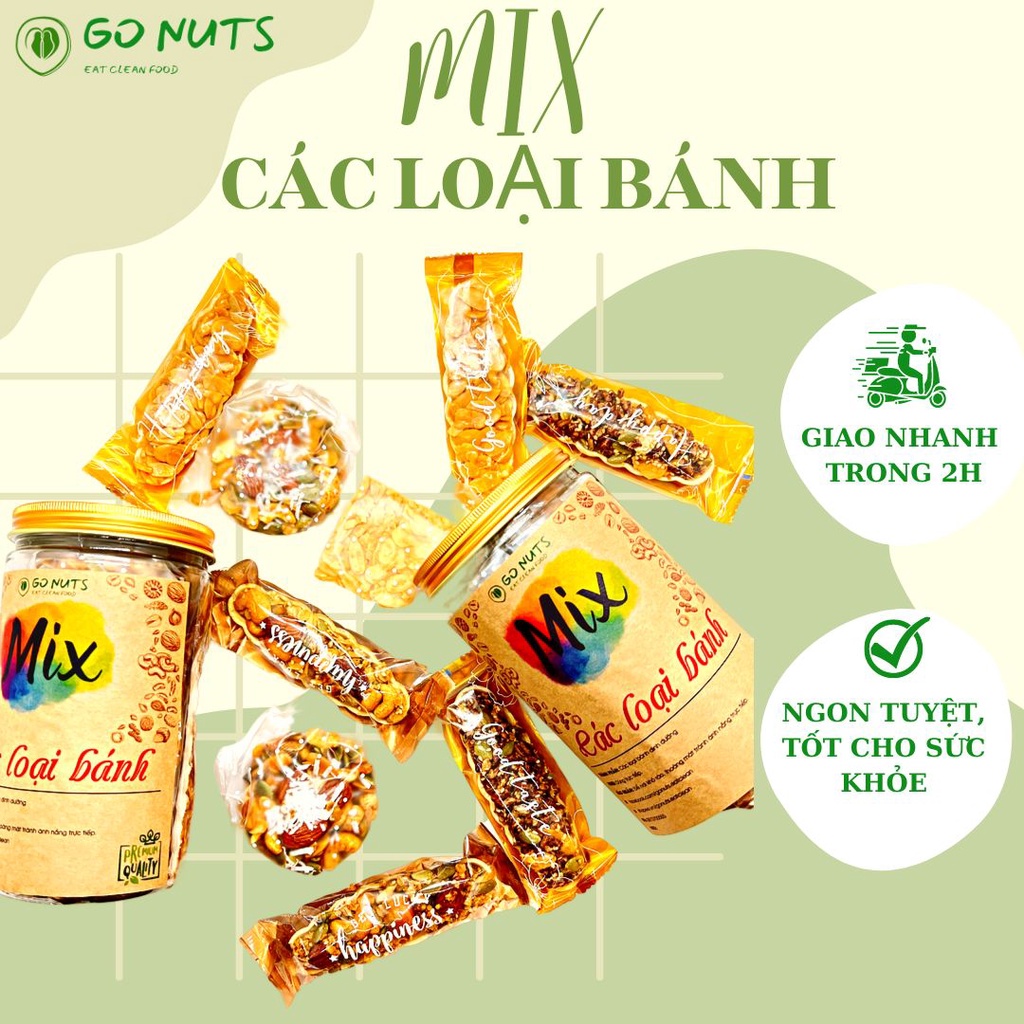 Mix các loại bánh dinh dưỡng GO NUTS Thuyền hạnh nhân, mix hạt, gạo lức, Ngói hạnh nhân, Bánh Granola dừa non