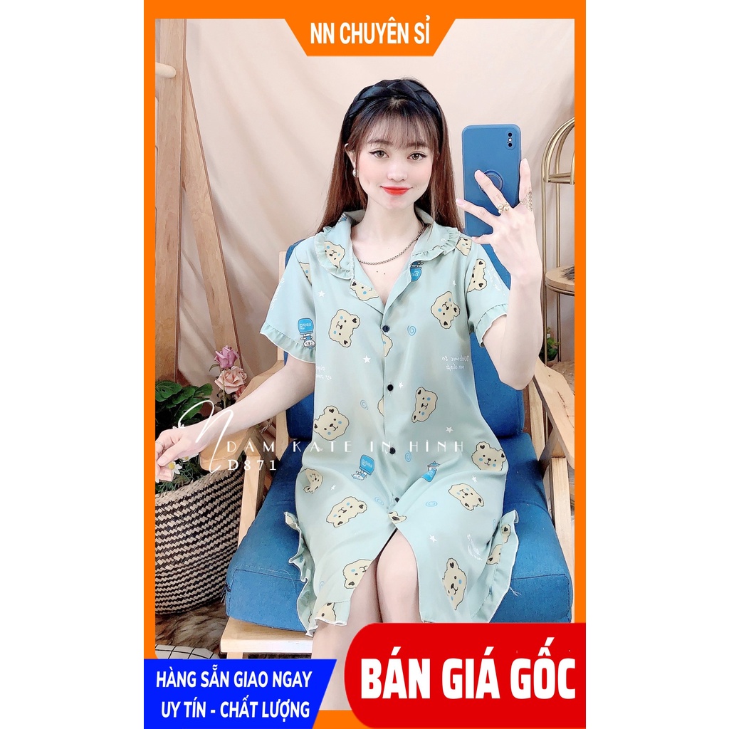 Đầm ngủ nữ phom rộng chất kate mềm mịn mát in hình gấu hoạt hình dễ thương D871