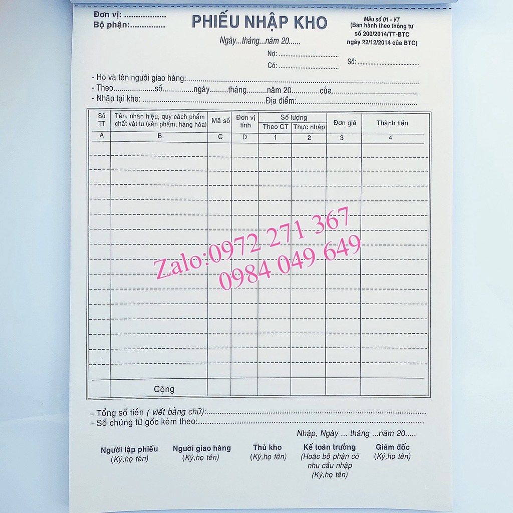 Phiếu nhập kho - xuất kho 3 liên A4 60 tờ - 100 tờ