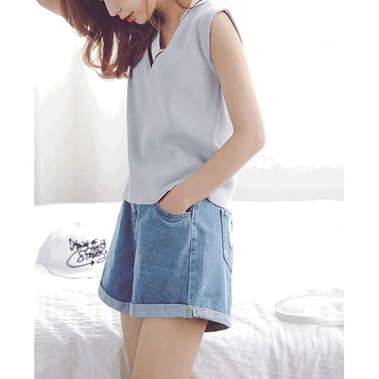 SUXI Quần jeans ngắn ống rộng phong cách Hàn Quốc