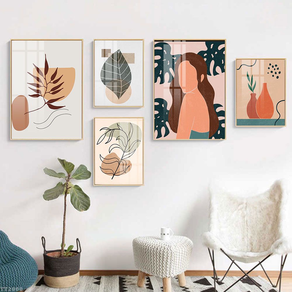 Combo 5 Tranh Treo Tường Cao Cấp Tối Giản Boho Minimalist Trừu Tượng Hình Học - Tone Cam Trắng Trang Trí Phòng Khách