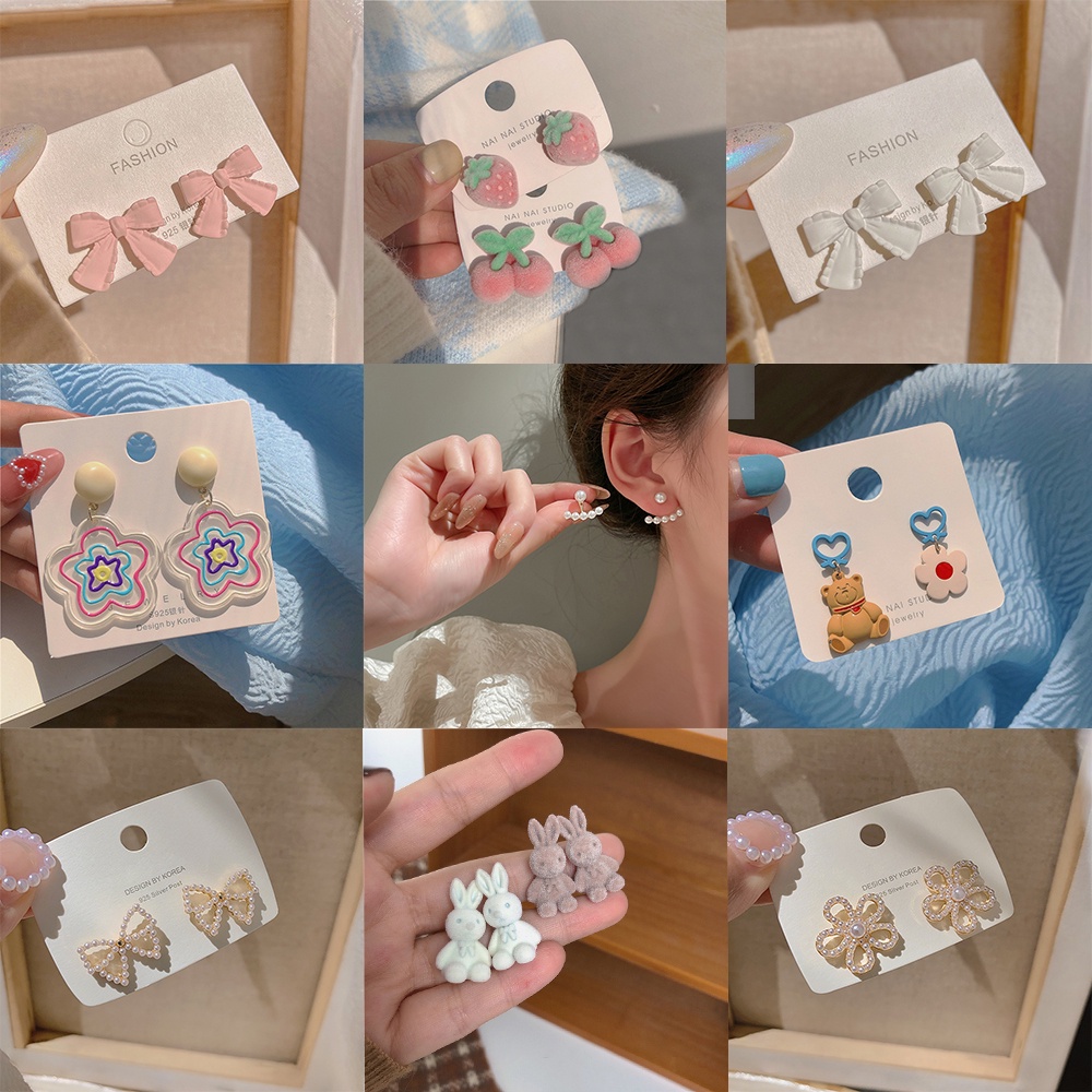 Khuyên tai ngọc trai đính nơ/hoa/gấu/cherry phong cách Hàn Quốc ngọt ngào cho nữ