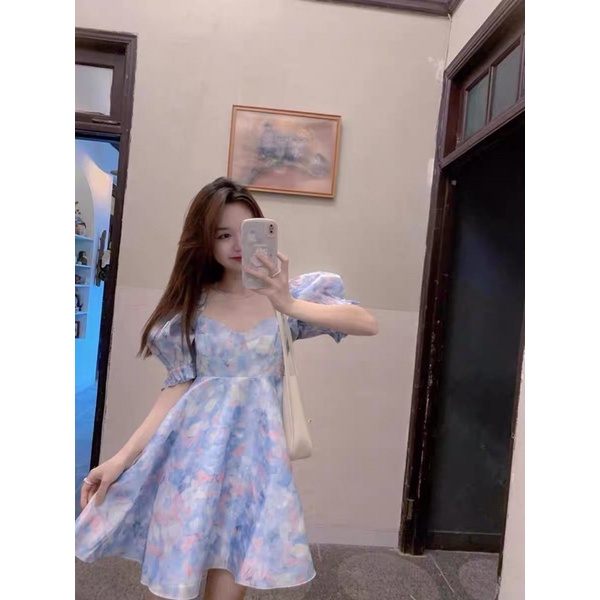 Đầm babydoll NGU THƯ HÂN màu xanh mơ mộng buộc váy tay phồng thắt eo cao