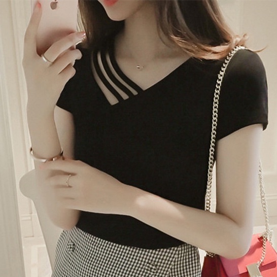 Áo Thun Nữ Cổ Chữ V Dáng Ôm Phong Cách Hàn Quốc Thời Trang Mùa Hè