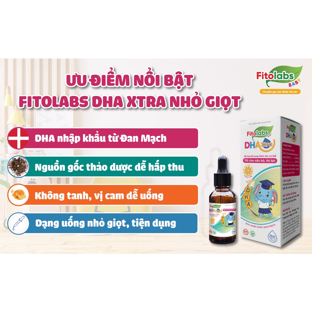 DHA nhỏ giọt không tanh Fitolabs DHA Xtra cho bé giúp tăng cường thị lực và trí não Hộp 1 Lọ 25ml