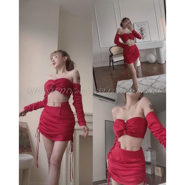 Set áo trễ vai kết đá + Chân váy rút dây