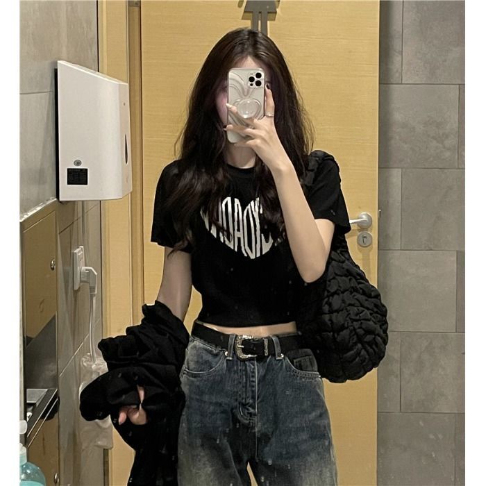 Áo Thun Dệt Kim Màu Xanh Đen Trắng Tay Ngắn Dáng Ôm Croptop Chữ Phong Cách Hàn Quốc Loại 1