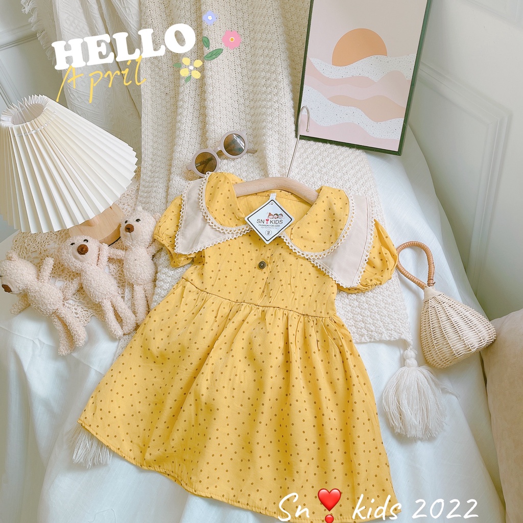 Váy xòe cổ sen bé gái, váy đũi chấm bi cách điệu cổ ren 2 lớp cho bé