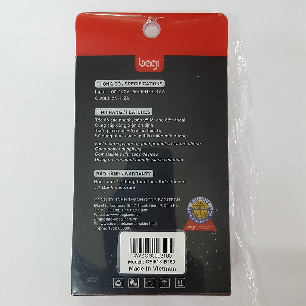 Combo Củ Sạc vuông + Cáp Sạc  iPhone - Lightning Bagi CB-I51 – bảo hành chính hãng 12 Tháng