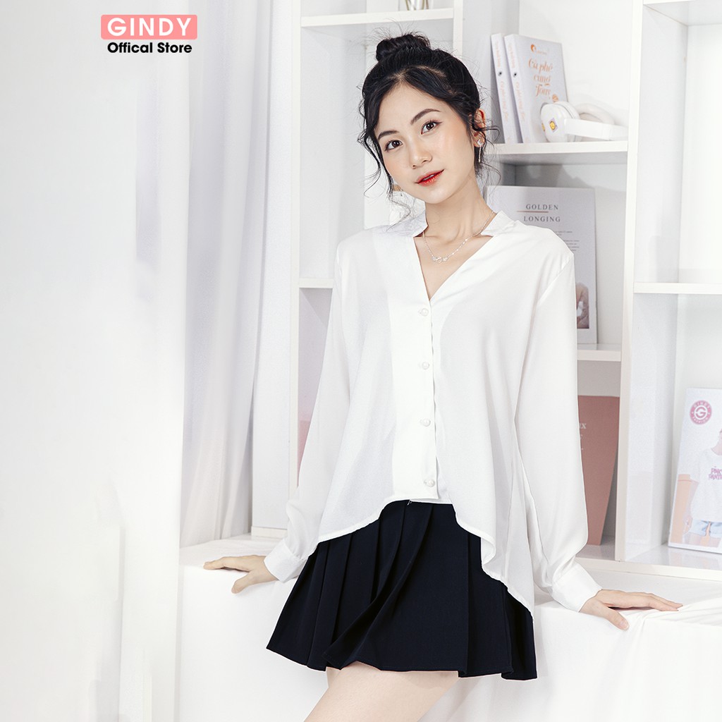 Áo sơ mi nữ trắng vạt lệch GINDY vải lụa cổ tim dài tay dáng basic trơn thời trang xuân hè công sở, học sinh A10073
